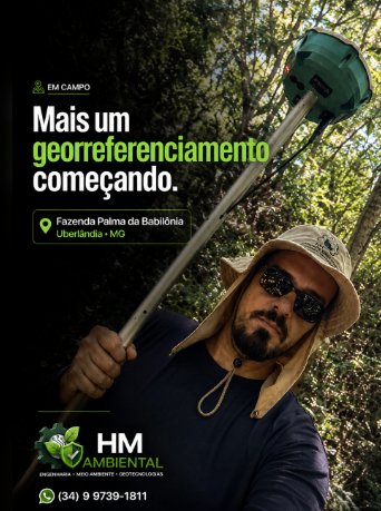 Profissional da HM Ambiental com receptor GNSS durante georreferenciamento rural